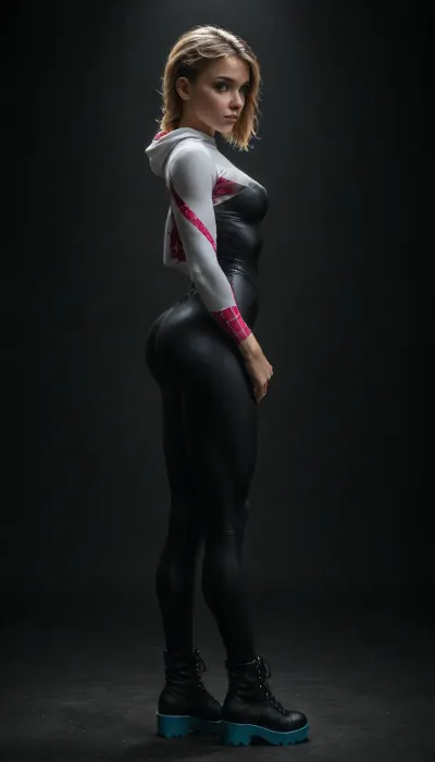 (((18 years old))), (((young))), (shy and embarrassed:1.4), (spider girl Gwen Stacy), Braided side shaved Hair, (tight outfit), (athletic body:1.3), (black high platform boots), (full body view from side), (skinny:1.2), (wide hips:1.3), (narrow waist:1.4), (blonde with pink strands), (clubfoot), (view from side:1.6), (makeup), ((pussy cameltoe:1.2)), wet, (shining wet clothes), (makeup:1.2), (oiled skin:1.5), (wet shining tight bodysuit:2), hand, 1girl, ((athletic ass:2.5)), (big natural breast:1.5), (high detailed face:1.5), dim lights, (chiaroscuro lighting:.3), <lora:HandFineTuning_XL:1>, <lora:MGLRbodysuit_sdxl:.6>, <lora:uberfit_lora_sdxl:.4>, <lora:dark:.3>, <lora:attractive_notrigger:.8>