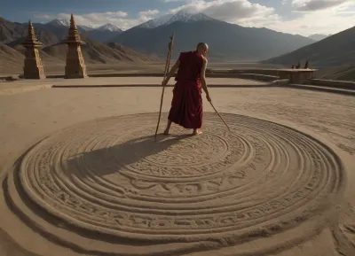 very very large sand artwork, (monochromatic mandala pattern:.8), monk uses a stick to draw, Tibetan monastery and mountains in the background, (extra wide-shot)