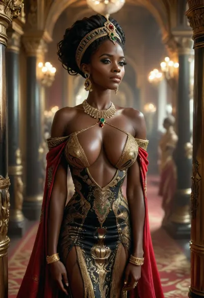Create a highly detailed, realistic portrait of the Queen of Saba as she gracefully walks through her throne room. The Queen, (depicted as a Black African woman:1.5), exudes regal elegance and grandeur. She is adorned in an opulent dress, richly embellished with diamonds, rubies, and emeralds. Her attire should reflect immense wealth and royal status, with intricate gold detailing and luxurious fabrics. The diamonds should sparkle brilliantly against her dark skin, highlighting her regal presence. The scene should capture the elegance, wealth, and cultural richness of the royal court, focusing solely on the Queen’s majestic appearance and the splendor of her garments, (maximum detail), (super realistic photo:1.4), huge, breasts, massive, <lora:MJ52:.6>, <lora:Super_Eye_Detailer_By_Stable_Yogi_SDPD0:.3>, <lora:BUT_SDXL_SHS:.3>, <lora:Cloudy_Style:.8>, <lora:SDXL_MassiveCowsLoRA_v1:.3>