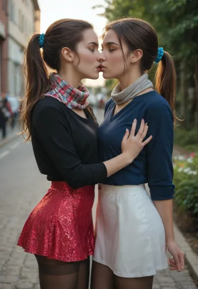 beautiful, gorgeous, 25_year_old, French woman, (Beautiful_French_woman), kissing her girlfriend's neck passionately, 2girls, (kissing_neck), (girlfriend is wearing a casual beige microdress), (girlfriend with bobcat hair), in the evening, dimmed_lighting, after_sunset, reflective_skin, (wearing a dark blue long-sleeve shirt, scarf, skirt, pantyhose), medium_height, long_hair, dark_hair, blue_scrunchie, ponytail, blue_eyes, perfect_figure, small_nose, thin_lips, jewelry, flower