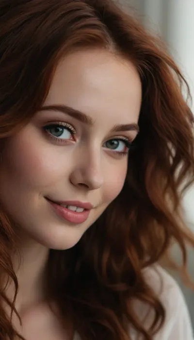 ziprealism, (sensual portrait, intimate artistic study, shot in profile, young woman, pale skin, subtle freckles), (stylish vibrant auburn hair with dark roots, hair styled in textured layers, coppery highlights, voluminous hair, thick gorgeous hair, long delicate eyelashes:1.4), (loving expression, adoring eye contact, soft bashful smile, dreamy esthetic, ethereal quality:1.8), (large expressive eyes, stunning eyes, limbal rings, soft facial features, full lips, soft pink lips:1.2), (cinematic lighting, color grading, dappled light, shadowplay, short focal length, layered composition:1.4), Stable-Yogis-Makeup-Enhancer-XL