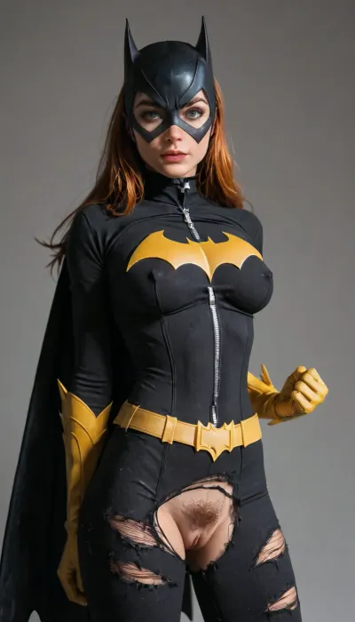 (Batgirl:1.5), (DC comics), (large firm breasts), (fake tits), (perky tits), shaved pussy, pubic hair, (torn suit:1.2)