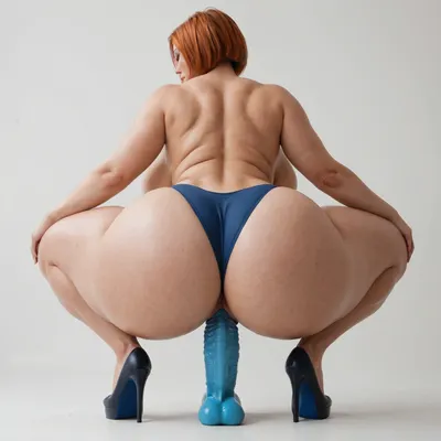 White mature woman, (milf:1.1), short ginger hair, bobcut, (massive breasts:1), (massive ass:1.2), (wide_hips:1.5), navy blue top, navy blue high heels, navy blue panties with open crotch, squatting on a navy blue dildo, ass view from behind, looking forward, eyes closed, mouth closed, (hottest white woman), (ass focus), (very pale skin), white background, white room