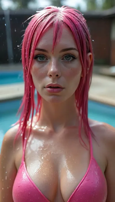 Too real, top sexual, High Energy women, (Best possible sexy picture), ultra shiny colorfull, (((wearing wet leohex swimsuit:2.2))), real Cellphone Photo, snapshot, Portrait, surprise Photo, (kinda Chubby, curvy and gorgeous 38 year old Euro mother, Amateur, sexy small breasts, Swimmingpool, swimming, curvy figure, realistic bath, angry eyes, narrow face, pale skin, freckles, shiny jet pink hair, Emo colored Hair, straight Side Emo bangs, one high pigtail:1.8), (clothed, fully wet, real water, drops, tight suit:2), fresh eyes, flirtatious, (((very close view from above))), (((beneath viewer))), (((up close and personal view from high angle))), natural light, warm soft light, late night, perky breasts, (half in pool), onlookers, realistic detailed face, realistic detailed hair, realistic detailed body, (((ultimate realism:1.2))), realistic detailed skin, detailed very large round breasts, ((sensual showering)), High, Resolution, More, Details, 8K, but, clothes, pale, <lora:MJ52:2>, <lora:add-detail-xl:2>, <lora:BUT_SDXL_SHS:.3>, <lora:Pale_Skin_SDXL_v1.0:.6>