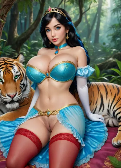 Asian Princess Jasmine, (Asian:1.4), in wonderland jungle forest background, Lying down on Magic Carpet from aladdin, in wonderful jungle forest with tiger, showing open vagina pussy, Craft an image of a woman with luminescent blue eyes and black hair, clide in a blue Princess Jasmine, style corset, Princess Jasmine sexy dress style, blue gem on the hair, lace red gloves to shoulders, silk red stockings with support, with open sheved very wet pussy, huge oversized sagging breast, perfect horny Nipples, steampunk, rich in detail and frills, The setting is ethereal, with a backdrop fantasy forest with flowers and butterfles, (Bush of Cannabis around), big tiger on background that accentuates the ornate outfit. Ensure ultra-high-detail, photorealism, and crystal clear 32k resolution for a true masterpiece. 🎀👗✨💎, bmbplora, cutout, clothing, nipples, woman, breasts, medium, large, spreading, legs, creampie, pussy, nude, body, closeup, <lora:bombshell_v2:.5>, <lora:milkers_v2:.5>, <lora:detailed_notrigger:2>, <lora:add-detail-xl:2>