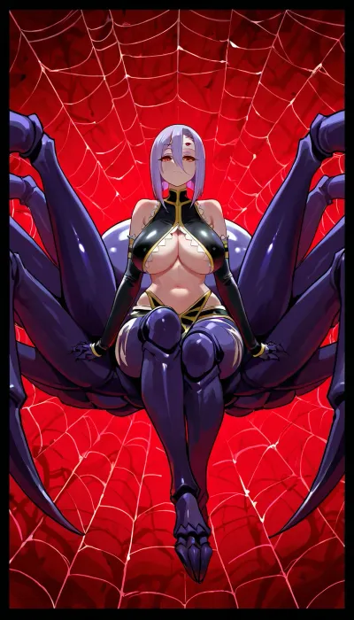 Rachnera Arachnera, (Monster Musume), . Spider monster girl, black leather clothes, red eyes, short purple hair.

Sitting in a giant spider web, full body view.
