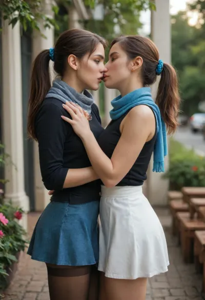 beautiful, gorgeous, 25_year_old, French woman, (Beautiful_French_woman), kissing her girlfriend's neck passionately, 2girls, (kissing_neck), (girlfriend is wearing a casual beige microdress), (girlfriend with bobcat hair), in the evening, dimmed_lighting, after_sunset, reflective_skin, (wearing a dark blue long-sleeve shirt, scarf, skirt, pantyhose), medium_height, long_hair, dark_hair, blue_scrunchie, ponytail, blue_eyes, perfect_figure, small_nose, thin_lips, jewelry, flower