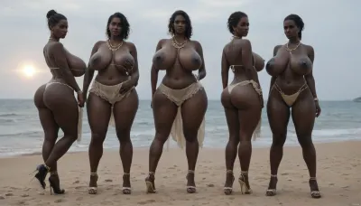 (absolutely black skin:1.85), (gigantic massive huge tits slender beauty model on the beach:1.25), (incredibly floppy saggy tits:1.35), (very large very dark areolae:1.25), erect nipples, seduction, model with full body and face, ((groping tits and ass)), ((very high plateau heels)), (bikini), ((belly chain, anklet, bracelet, jewelry, necklace)), (micro skirt, sun dress), oiled up, light hairy pussy, very detailed image, ultra high definition