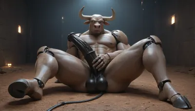 muscular male android, transparent robotic parts with glowing lights, mechanical body parts, guns in hand, fixed stare straight ahead, full body view. 1solo furry cyborgbull, solo, full body view, front view, full figured big anthro robot bull exposes its self, huge knotty cock, big ass, wide open asshole, hard erection, full exposed, hooves, horse phallus, horse penis, equine cock. Bovine android. Horns. Bulky. Flared cock. Bulky. Cow tail. Minotaur android. Cyborg Minotaur. Robot penis. Metal skin. Chrome plated. Exposed wires. Metal horns. Robot with a bull head. Mechanical body. Robot body. Cute cow face. Bovine head shape. Hooves. Metal body parts. Robot arms. Cybernetic implants. Glowing light in chest. Metal skin. Chrome skin. Robotic legs. Metal hooves. Sci-fi. Metal face. Glowing robot eyes. Mostly robotic. 25% flesh. Metal cock. Visible robo joints. Stroking his robocock. Cumming a black liquid, masturbation, orgasm, black cum, black semen. Hand on own penis. Black liquid coming out of cock. Erect cock. Lots of cum. Oversized balls. Laying down.