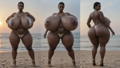 (absolutely black skin:1.85), (gigantic massive huge tits slender beauty model on the beach:1.45), (incredibly floppy saggy tits:1.35), (very large very dark areolae:1.25), erect nipples, seduction, model with full body and face, ((groping tits and ass)), ((very high plateau heels)), (bikini), ((belly chain, anklet, bracelet, jewelry, necklace)), (micro skirt, sun dress), oiled up, light hairy pussy, very detailed image, ultra high definition