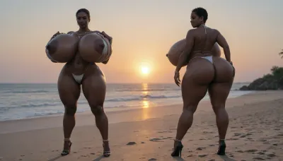 (absolutely black skin:1.85), (gigantic massive huge tits slender beauty model on the beach:1.55), (incredibly floppy saggy tits:1.35), (very large very dark areolae:1.25), erect nipples, seduction, model with full body and face, ((groping tits and ass)), ((very high plateau heels)), (bikini), ((belly chain, anklet, bracelet, jewelry, necklace)), (micro skirt, sun dress), oiled up, light hairy pussy, very detailed image, ultra high definition, dramatic sunrise light, palms, cruise ship on horizon
