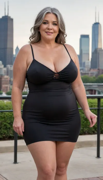 From behind, (masterpiece, best quality:1.2), very plus-size 1 gilf, (((ssbbw))), ((sagging bosom)), (Obese:1), (mature:1.5), 60yo milf, solo, (black spaghetti strap minidress, no bra, braless:1.4), pretty eyes, thick brown hair, bright blue eyes, grey in hair, in summer, golden hour, Chicago landscape, standing, smiling, photorealism, perfect face, portrait, clothes, fat bbw, body wrinkles, sagging belly, shapeless, saggy, (old big breasts, shapeless, drooping, hanging deep, heavy boobs, saggy old boobs, teardrop shaped breasts, covered erect nipples), medium breasts