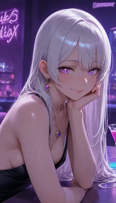 human, cocktail bar, mature, date, neon lights, dark ambient, blue ambient, purple ambient, sitting at table, smile, (sparkling eyes:1.2), smooth hair, glowing eye, (close-up:.8), beautiful tight black dress, slim body, gentle eyes, purple eyes, white hair, pretty heart necklace, earrings, hair bound up, long side bangs, (small chest size), (side view), innerboob, sideboob