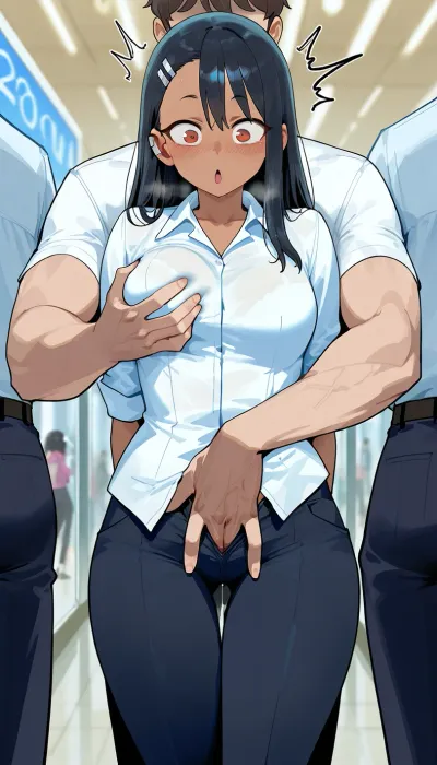 Shocked, hayase nagatoro, (groping her exposed pussy + fingering pussy), white collared shirt, Black pants, black hair male, hand in pants, male hand in female pants, standing, mall background, (Comfyui with controlnet), Model