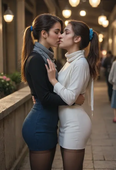 beautiful, gorgeous, 25_year_old, French woman, (Beautiful_French_woman), kissing her girlfriend's neck passionately, 2girls, (kissing_neck), (girlfriend is wearing a casual beige microdress), (girlfriend with bobcat hair), in the evening, dimmed_lighting, after_sunset, reflective_skin, (wearing a dark blue long-sleeve shirt, scarf, skirt, pantyhose), medium_height, long_hair, dark_hair, blue_scrunchie, ponytail, blue_eyes, perfect_figure, small_nose, thin_lips, jewelry, flower