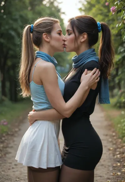 beautiful, gorgeous, 25_year_old, French woman, (Beautiful_French_woman), kissing her girlfriend's neck passionately, from behind, 2girls, (kissing_neck), (kissing_from_behind), (girlfriend is wearing a casual beige microdress), (girlfriend with bobcat hair), in the evening, dimmed_lighting, after_sunset, reflective_skin, (wearing a dark blue long-sleeve shirt, scarf, skirt, pantyhose), medium_height, long_hair, dark_hair, blue_scrunchie, ponytail, blue_eyes, perfect_figure, small_nose, thin_lips, jewelry, flower