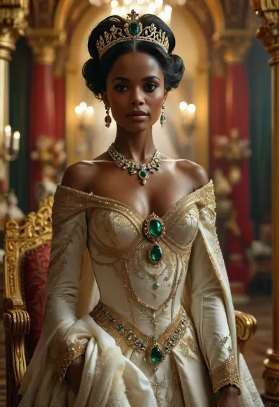 Create a highly detailed, realistic portrait of the Queen of Saba as she gracefully walks through her throne room. The Queen, depicted as a Black African woman, exudes regal elegance and grandeur. She is adorned in an opulent dress, richly embellished with diamonds, rubies, and emeralds. Her attire should reflect immense wealth and royal status, with intricate gold detailing and luxurious fabrics. The diamonds should sparkle brilliantly against her dark skin, highlighting her regal presence. The scene should capture the elegance, wealth, and cultural richness of the royal court, focusing solely on the Queen’s majestic appearance and the splendor of her garments, breasts, massive, (maximum detail), (super realistic photo:1.4), <lora:MJ52:.6>, <lora:Super_Eye_Detailer_By_Stable_Yogi_SDPD0:.3>, <lora:BUT_SDXL_SHS:.3>, <lora:Sweaty_Realism_4-000006:.8>, <lora:Cloudy_Style:.8>