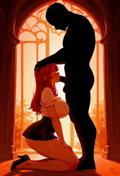 score_9, score_8_up, score_7_up, (black man looking down), muscular, interracial, (big brutal black.man:1.3), penis, standing up straight, (((profile view))), (girl kneeling), (girl looking up at male), zavy-slhtt, (((black silhouette))), monochrome, head grab, short skirt, blouse, large breasts, massive ass on female