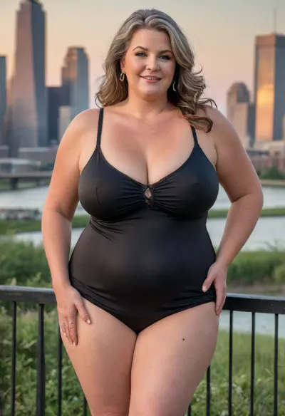 (masterpiece, best quality:1.2), very plus-size 1 gilf, (((ssbbw:1.4))), ((sagging bosom)), (mature:1.5), 60yo milf, solo, (black spaghetti strap minidress, no bra, braless:1.2), pretty eyes, thick brown hair, bright blue eyes, grey in hair, in summer, golden hour, Chicago landscape, standing, smiling, photorealism, perfect face, portrait, clothes, fat bbw, body wrinkles, sagging belly, shapeless, saggy, (old big breasts, hanging deep, heavy boobs, saggy old boobs, teardrop shaped breasts, covered erect nipples), medium breasts