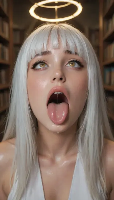 Medium Close, A girl, in a library in a white marble temple, extreme ahegao, extreme drooling mouth. BREAK., (She is a Extremely beautiful 19 y.o. caucasian girl Kalade. She has sweet angel face, ((shiny long white hair with, (hair bangs))), very thin eyebrows, golden Eyes rolling, (cross-eyed), medium breasts, big angel wings), . She is wearing a white túnica, plunging neckline, falling holy halo . extremely perfect face, detailed eyes, stunning beauty, photorealistic, HD, 4k, masterpiece. Pain., tongue, out, ahegao, drool, <lora:ahegao_sdxl_v4:2>