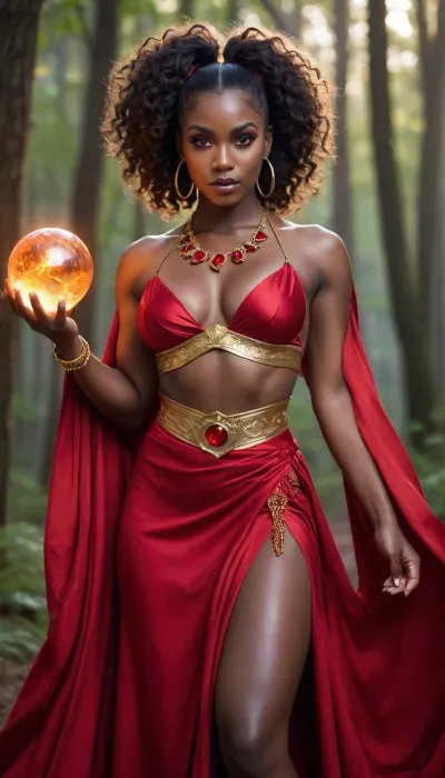 muscular dark skin goddess looking at the camera smirking, holding radiant crystal ball of flames, gold makeup, intense glowing red eyes, flowing ruby cloth robe, elegant costume, symmetrical hip skin, small silk sash draped over waist, circle buckle, large gold cresent hoop earrings, anime pose, Halloween, high fantasy, dark lightning, desolate forest, night time, cartoon, epic, enhanced, close up, legs, strong athlete, big hips, celebration, dreamlike, high pony tail hair style, long curly hair, otherworldly, intricate ruby necklace
