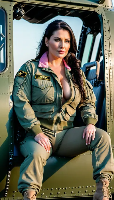 High-quality, highly detailed, cinematic, 8K, HD photo, MASTERPIECE.
Plump female soldier, (chubby, thin waist), pale white skin, medium breasts, pink areolas, erect nipples, shaved vagina, 8k, ultra-detailed, nude, MILF, wearing a combat uniform jacket, attractive, (((sitting on the side door of an army helicopter))), 35 years old, long black hair, very long hair, ponytail, real nipples, breasts, real hips, (full body in view), straight hair, beautiful and real eyes.
