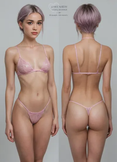 Exceptionally attractive adult Asian woman, petite and slender with a small, narrow frame and delicate curves, lightweight graceful presence. Smooth warm ivory skin with realistic texture and soft natural highlights. Dyed pastel pink–lavender hair, shoulder-length and straight with a slightly off-center part, glossy strands framing the face. Facial features mostly obscured, head gently turned away and tilted down, eyes softened by shadow. Three-quarter body view. Wearing ultra-minimal lingerie in sheer blush and soft mauve tones—micro triangle bra with translucent fabric and thin straps, high-cut bottoms exposing the hips, no tights, bare legs and midriff, increased skin visibility. Slender neck, fine collarbones, narrow shoulders, small proportional bust with natural softness, long waist, subtle hip curve, slim toned thighs, compact lifted hips. Calm, self-assured posture with a relaxed hip shift. No costume elements. Boudoir character sheet presentation, front back character sheet, sexy character sheet, dark low-exposure studio background, clean controlled lighting, cinematic shadow falloff, high-quality illustration, precise anatomy, refined photographic realism, understated sensuality.