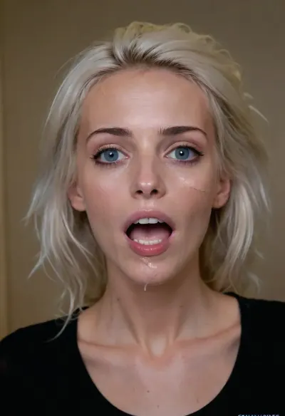 ((29yo tall and very skinny model on her knees)), white hair skinny WOMAN, dutch hottie, big load OF CUM in mouth, cum in hair, cum dripping out of mouth, deep perspective, ((skinny face)), ((long messy after sex hair frames her face)), tousled hair, tits showing, blue eyes, skinny, perfect body, perfect breasts, pov, looking up at viewer, eye contact, (detailed face:1.3), ((wearing a Black t-shirt with the words " CUM HERE " in BLUE writing on front)), long sleeves, surprised, messy updo, CUM IN HAIR, showing pussy, woman, <lora:JustCum:.5>