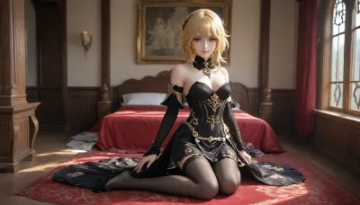 A full-length adult girl, wearing a beautiful, full dress, wearing a black steampunk costume with yellow elements, a gothic dress style, Navia from the game Genshin Impact, long yellow hair, large purple eyes, a happy smile, 1 girl, breasts, firm breasts, firm nipples, uncensored, looking at viewer, shiny skin, blush, bangs, woman, _jbright__, (genshin, impact), solo, navia, (genshin, impact/), jewelry, black thigh-high stockings, <lora:Navia_XL_LoRA:2>