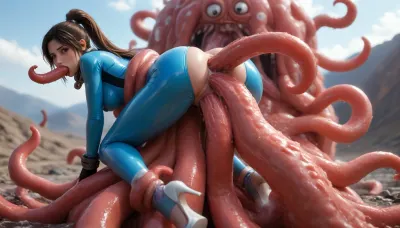 (Anime:1.5), (Woman suspended high off ground from octopus:1.5), (woman restrained and suspended from octopus:1.5), (woman’s body upright on top of octopus with her legs bound and spread:1.5), (octopus wrapped completely around front side of her body restraining and suspending her:1.5), (arms and legs entirely restrained by octopus:1.35), (carry_sex:1.5), (Highest detail:1.35), (extreme thick cum dangling from woman’s face and anus:1.35), (Triple penetration:1.5), (photorealistic face), photorealistic, (looking back over her shoulder face in view:1.35), (octopus slug wrapped completely around woman fucking anus:1.35), (octopus ponycock fucking woman's throat and anus balls deep:1.35), (colossal glowing yellow octopus slug), glowing yellow octopus and tentacles, (mounting over her:1.35), (octopus wrapped around front of her with ponycock in her anus:1.35), enormous fat hyper octopus over woman fucking her anus, (Enormous octopus slug wrapped around her body fucking her anus), (her arms and legs restrained), side angle view, (octopus ponycock in her ass:1.35), (octopus wrapped completely over front of woman), (anal penetration), octopus smothering woman, impregnation, (tight anus stretched with ponycock), (Extremely beautiful young woman:1.5), (lara Croft from tomb raider), (Extremely long hair), (long ponytail:1.3), (perfect body), high detail face, (extremely beautiful young face), (colossal fat hyper octopus fucking her mouth anus and pussy with ponycocks), fucking woman’s asshole, (triple penetration:1.35), (sucking ponycock:1.35), (deepthroat ponycock:1.35), throatfucked, (colossal thick coned ribbed ponycocks), swollen ponycocks, colossal cone shaped pony tentacles, (extremely hyper disgusted shocked facial expression:1.5), clinging to her chest, (wrapped around her hips), fucking her tight asshole, (tight sky blue latex bodysuit:1.35), (on top woman’s stomach fucking downwards in her anus:1.35), octopus fucking tight anus, tight asshole stretched by ponycock, full body view, (impossible fit), (woman's ass lifted upwards:1.5), (enormous thigh high light yellow fluffy platform heels:1.35), woman sweaty, tears, skinny woman, woman gagging on cock, sweaty, (woman covered with gooey cum), (squealing while throatfucking ponycock:1.5), testicles touching her, (extreme thick loads of gooey lumpy cum dangling from her anus and face:1.35), (woman's ass and face covered with extreme loads of thick lumpy cum), (extreme thick loads of lumpy cum dangling from her mouth and anus:1.35), (wasp waist), (skinny), (hourglass body), (High, Resolution), (More, Details), (8K), shocked, nonplussed, <lora:checkpoint-e100_s400:2>, <lora:aesthetic_anime_v1s:2>, <lora:EnvyGoddessXL06:2>, <lora:shocked:2>, <lora:EnvyBeautyXL12:2>