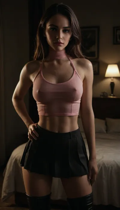 18you girl in sheer pink turtle-neck long-sleeved crop Top + sexy pleated Skirt + Over-The-Knee thigh-high high-heeled Boots, braless, in a cluttered bedroom, night, no underwear, one hand on hip, one hand to mouth, puckered smiling lips, 'come-fuck-me' look, Wearing, clothes, that, make, sense, with, Braless>, pouting, great, lighting, <lora:bralessSDXL_v1_00022:1.4>, <lora:dark:.5>, <lora:Pouting_SDXL:1.4>, <lora:great_lighting:1.4>