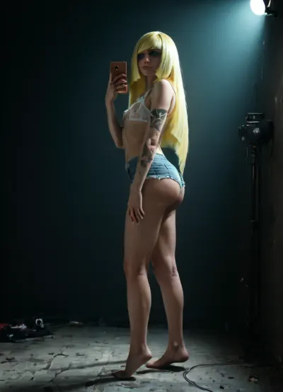 (((accidentally taken photo:2))), (((accidentally pose:2))), (((dark room:2))), (((candid photo))), (((amateur photo))), 1girl, side view, big gigantic breasts, large ass, hot, sexy, cleavage, cosplay as lusamine from pokemon, super sexy, seductive eye contact, very sexy lingerie, (lusamine, pokemon), tits popping out of shirt, fat ass, topless, milf, mature, unbuttoned shirt, (perfect face, ultra detailed, ultra detailed face), ultra realistic, 4k, very large round ass, tiny shorts showing ass, small tight button up shit that is unbuttoned, lots of cleavage, underboob, side boob, (perfect eyes, highly detailed eyes), tattoos, anime style, promiscuous, ((horny)), (nighttime), (no ambient light), (single harsh flash from the camera), (overexposed flash highlights on subject), (sharp shadows behind and around her), (noise in all darker areas), (wet surfaces reflecting small highlights), (flat lighting due to direct flash), (cool white balance:1.3), (cyan-tinted shadows from digital camera sensor), (fluorescent-like artificial lighting tint), (background remains visible due to flash, but lacks blur or depth separation), (realistic dark environment with high flash contrast), (full body), (scene "Myspace"), (2000s), (90s digital aesthetic), (flat chested), (low quality photo), (old camera), (flash photo), (gritty), (realistic environment), (analogic style), (film grain), (low contrast), (unfiltered), (jpeg artifacts), (unedited), (cellphone photography), (no ambient lighting), (lights off), (Polaroid flash camera), (cool indoor lighting), (direct flash photography), (overexposed flash), (strong shadows), (sharp shadows), (low contrast:2), (noise in dark areas), (shiny reflections on surfaces), (sharp background), (background in focus), (no background blur), (clear background details), (fluorescent lighting tint), (cyan-tinted shadows), (artificial lighting with cyan hue), (Scene-Queen), (optional), (Myspace), (picture), (bad quality), (old digital camera), (raw), (light leak), (low res), (low quality), (90s style), (80s), (analogic), (1990s), <lora:xl_more_art-full_v1:.6>