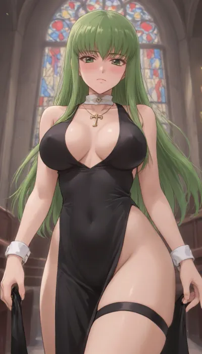 Anime girl, C.C. from Code Geass, very long flowing bright green hair, white collar and cuffs, tight black dress, extremely high-cut sides, revealing thighs and groin, large breasts, erect nipples visible through fabric, golden cross necklace, dominant pose, looking down at viewer, sultry and slightly disdainful expression, intense gaze, blush on cheeks, smooth plump thighs, black leather garter belt on right thigh, church interior background, stained glass windows, dark ambient lighting, (masterpiece), highly detailed, cinematic lighting, (from below), in the church, powerful stance., ((at night)), ., <lora:outline_xl_kohaku_delta_spv5x:1.3>, <lora:NEOTOKIOXL_0.2_RC:.7>, <lora:one breast out XL:2>, <lora:cartoon_stickers_xl_v1:.5>