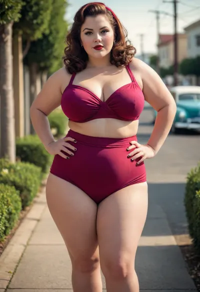short chubby 50's style bombshell woman, thick thighs, thick hips, round bottom, full front body image