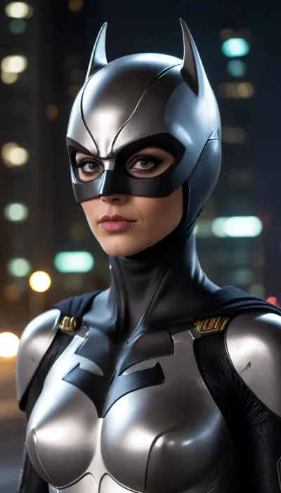 futuristic, in town, night, Batgirl, chrome colour, white armor, (no hair), helmet with visor, masked face, cape, (the black eye tour:1.5)