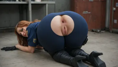 milf, (redhead), (closed eyes), (closed mouth), (extreme makeup), cry, tears, (police uniform), (thigh high boots), (tight pants), (bend over), legs, pussy, (gape asshole)
