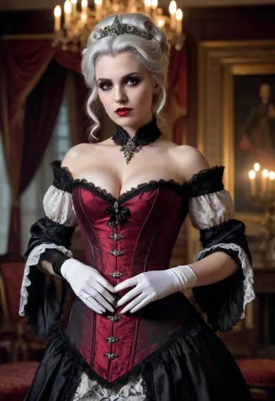 (((beautiful vampire queen))), ((Victorian era gothic vampire aristocrat)), beautiful dress, castle living room, silver hair, opera gloves, (pencil waist, wasp waist, corset, hyper breasts, overflowing breasts, hyper thighs)