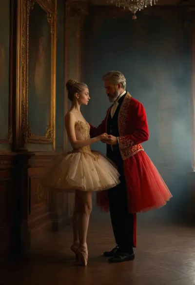 In a luxurious 14th-century baroque palace, within a secluded private chamber, a 21 years old ballerina with an skinny physique shares a performance with a single male nobleman, (performs an intimate dance for an seated elderly and aristocratic nobleman:1.3), (ballerina is wearing only a tutu and ballet shoes and the rest of her body is naked:1.5), (The nobleman, distinguished with gray hair and a beard, is dressed in opulent, richly embroidered garments featuring golden thread and vibrant hues of blue and red:1.4), The ballerina, clad in a delicate tutu and ballet shoes, exudes grace and innocence, performing with perfect concentration. The warm, golden glow of the ambient lighting creates a soft, ethereal atmosphere, enhancing the intimate and slightly voyeuristic nature of the scene. Both the ballerina and the nobleman are depicted in high detail, capturing the elegance and complexity of this private moment, a hyper-realistic, photorealistic style, emphasizing the elegance and tension of the performance, cloudy, smoke, atmospheric, clouds, fog, huge, breasts, massive, (maximum detail), (super realistic photo:1.4), <lora:MJ52:.2>, <lora:Sweaty_Realism_4-000006:.4>, <lora:Cloudy_Style:.2>, <lora:Italian_girl:.8>