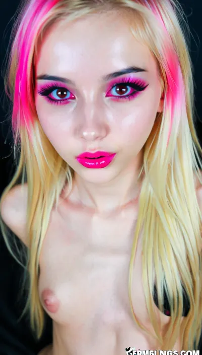 18 year old German girl, long blonde hair with pink highlights, hot pink lipstick, black eyeliner, <lora:ahxl_v1:.8>