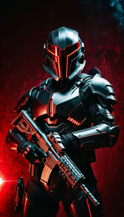 warrior of the future, high-tech black armor, face completely hidden by a helmet, helmet visor glows red, very aggressive overall appearance, holding a laser rifle, full body in frame, side view