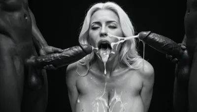 (milf:1.2), (black&white:1.9), black background, black room, close-up of a black african man's 18 inch penis, hard-on, big testicles, the white man is sitting with his back to the wall, masturbating, he is shooting a cumshot on the face of a naked busty black african woman, topless, gorgeous, (milf:1.1), (extremely long smooth white hair:1.5), (wide_hips:1.5), (Massive ass:1.1), (massive breasts:1), thin waist, the black african woman is wearing shimmering shiny glossy white pantyhose with open crotch, The black african woman is laying on her back, (gaping mouth:1.2), (realistic excessive thick runny cum all over her face and body), licking the dickhead of the black african man's penis, mouthfull of cum, excessive cum dripping out of her open mouth, nose full of cum, mouth full of cum, lots of very thick cum, loads of cum, woman, on, face, excessive bukkake, cum, facialized, superfacialized, surrounded by dicksa masturbating, 2+ men.