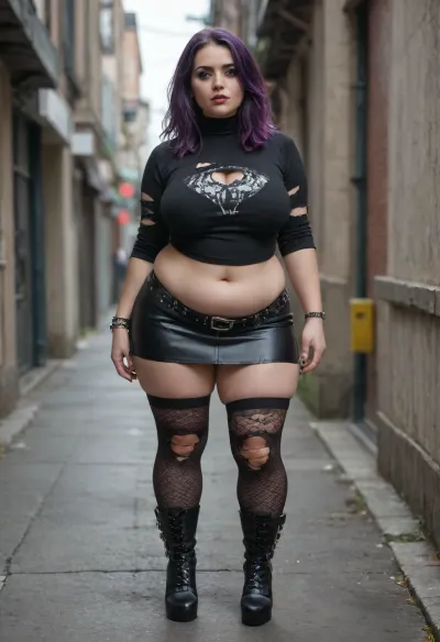 tall chubby plump bbw woman, 50 years old, large soft plump belly, goth, long straight purple hair, wearing a black cordet, black mini skirt, ripped fishnet stocking, supender belt, knee high high heel boots