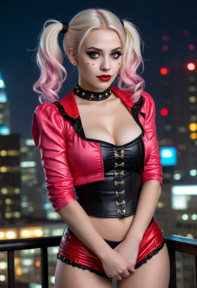 Female super villain, confident, platinum blonde hair styled into two high pigtails with pastel pink and blue tips, clown makeup, dark eye makeup playful/mischievous expression, bright red lipstick, revealing red and black corset-style top with star motifs, exposed midriff, matching black and red shorts, gold accents, studded belt, red and black jacket draped over her shoulders, cityscape background at night