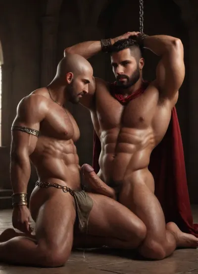 Gay men, Men only, Hyper-muscular very hairy hugely massive erect nipples, Roman general man, in red cape gold armbands gold Shining short chainmail ass cheeks show from underneath Shining gold chainmail MaleAssViewV2 holding raised arm of captured Man shaved-head bald gladiator slave, intense eye contact, oiled sweaty bodies, Slave only wearing Short brown dirty wrap loincloth ass on full show, dramatic palace interior lighting, erotic gay men domination pose.Dominant hairy bearded Roman general Man in flowing red cape gripping chain on wrists of submissive shaved-head muscular gladiator Slave just in cum soaked short loincloth, arms raised, hard bodies close, hard large cocks bulgeing, sweat glistening, ancient palace columns background, intense homoerotic tension.Intense gay erotic scene ancient palace, hairy muscular man in red cape holding both wrists above head of bald shaved-head submissive Slave, hard cock bulging in his loincloth dripping cum ass on full show, oiled skin dramatic lighting, passion and domination.ancient palace, Hyperealistc Photographic-style, Dynamic visuals, Cinematic lighting, deep shadows, @hrypctls1, hairy, chest, Slave has Cum soaked loincloth, only Roman general wearing red cape gold chainmail short wrap, zavy-rmn, gladiator slave arms up tide in chains, Roman general on knees sucking slaves cock deep-throating, kneeling general ass wide cock on floor pooling cum, <lora:bulgev1-beta:1.5>, <lora:dark:.4>, <lora:@hrypctls1.v1.concept.sdxl_epoch_3:1.5>, <lora:ancient_Roman_or_Greek_soldier:1.2>, <lora:zavy-rmn-sdxl:1.5>