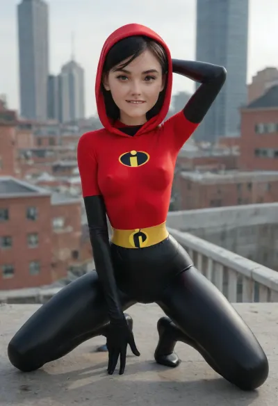 Violet Parr from Incredibles, 18 years old, beautiful face, ((spider-girl outfit)), outfit has hood and gloves, (very narrow waist:1.4), athletic body, skinny body, petite, erect nipples, (dynamic pose:1.3), arched back, armpit, hand on crotch, (biting lip:1.5), bright sunshine, roof of modern high building, crouching, side view