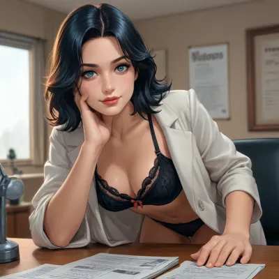 (CARTOON), 2D, reiq style, solid outlines, (FRONTVIEW), angle, 21-year-old Italian woman, fit with attention-drawing breasts, ((long wavy black HAIR)), freckles, bold features and mischievous smirk, sparkling playful eyes, (black lace bra), (black lace panties), leaning forward with expressive gestures, playful and teasing, doctor's coat, ((SHOWING CLEAVAGE to the viewer)), doctors office with treatment table, warm cozy atmosphere, energetic and theatrical vibe, <lora:outline_xl_kohaku_delta_spv5x:2>