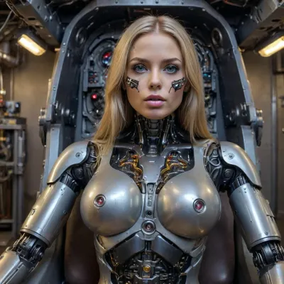 robot damaged after being shot with plasma gun, front view, close-up, sitting in armchair in spaceship, looking at viewer, beautiful angry human face with tanned silicone skin, long straight blonde hair, big lips, wide jaw, heavy makeup, (black fully robotic body, huge round robotic tits, shapely robotic arms, electronic visual display inside chest, missing skin in right half face exposing internal robotic parts and glowing robotic eye, damaged abdomen panel exposing internal robotic parts and blinking LEDs with smoke and sparks coming out:1.3), studio lighting, photorealistic, high res, best quality, ultra detailed, finely detail, highly detailed face, highly detailed eyes, highly detailed hands, highly detailed skin, <lora:bombshell_v2:1.5>, <lora:Face_Robotics_sdxl:1>, <lora:hightech_robotics:.9>, hightech_robotics, <lora:3_34_female_androids:.8>