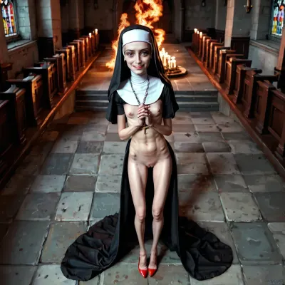 ultra high details, hdr, dynamic angle, image style professional photography, masterpeace, (gloomy, Underexposed, Low light:1.3), (Beautiful nun), (skinny, long legged:1.5), (A nun kneels in the Church), Dark atmosphere, available light in the background, burning candelabras, (her hands folded in Sprayer:1.2), (she is naked and wears only her nun's habit on her head, a chain with a cross around her neck:1.2), large wide-open eyes, (mad look with a diabolical smile:1.4), tight, very sexy tight nurse Outfit, (boobs and pussy visible:1.3), (Red high heels, higher much higher:1.2)