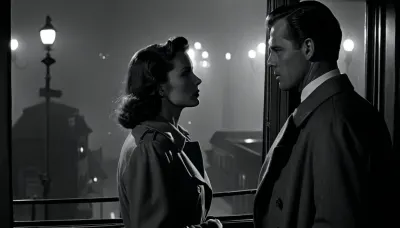 Noir, b&w, 1940's in the twilight hours, Sam Spade on a foggy San Francisco street, downtown, a man in a trench coat watches a woman in a second story window, she is a backlit silhouette.