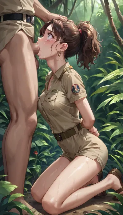anime, single college woman with brown hair in a ponytail and wearing a khaki safari outfit, slim build, medium breasts, kneeling, hands behind back, (face fuck, deep throat), in the jungle, scared, tears